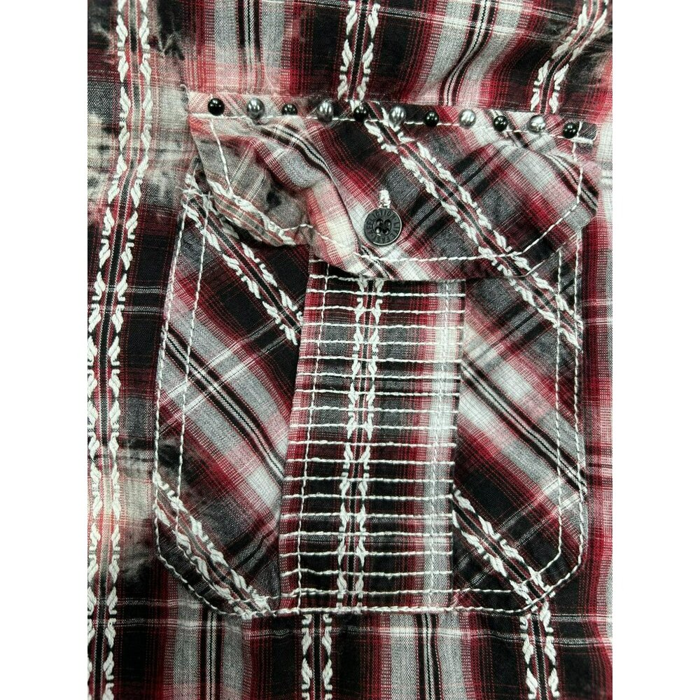 Affliction Men's XL Red/Black Plaid Button-Up Shirt Embroidered Design Studs - Picture 4 of 5